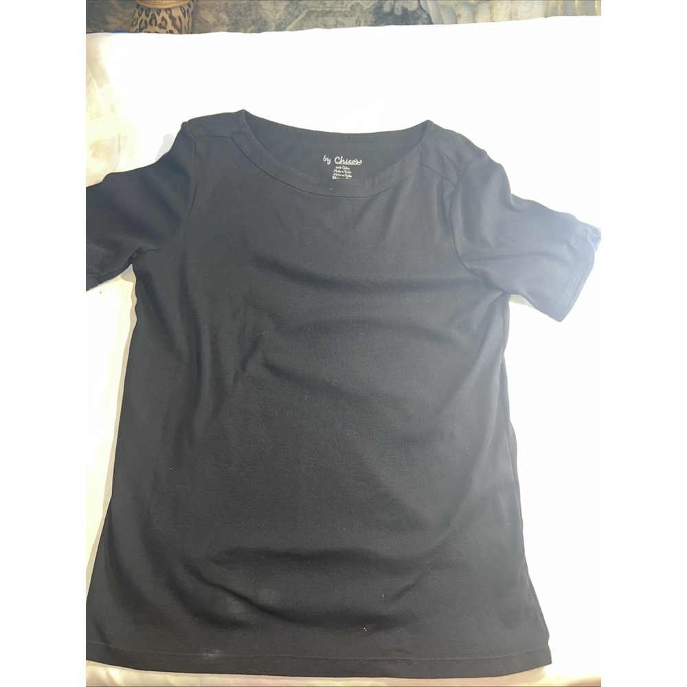 Chico's Black Short Sleeve Cotton Round Neck T-Shirt Women's Size 2 Staple 313